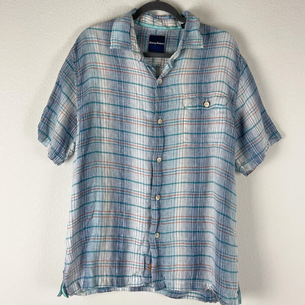 Tommy Bahama 100% Linen Shirt Mens Large Blue Plaid Button Up Short Sleeve